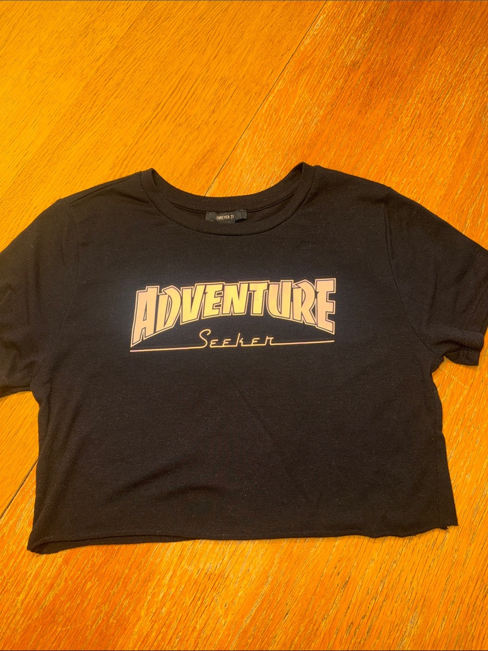 Forever 21 Black Crop Top with Cream-Pink "Adventure Seeker" Graphic